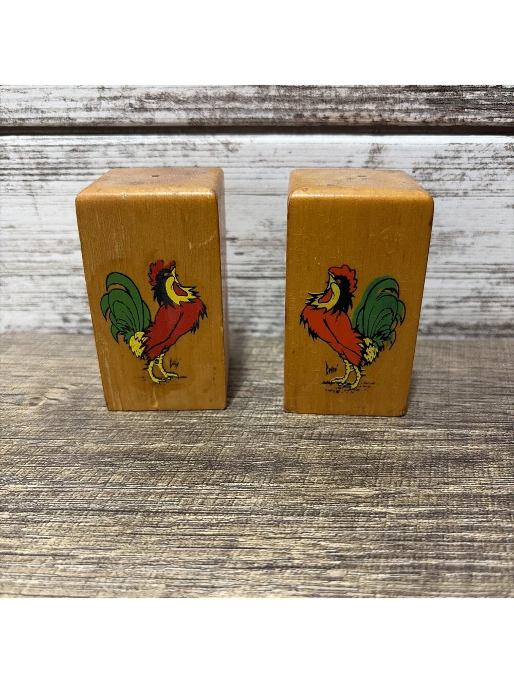 Vintage Wooden Square Rooster Salt and Pepper Shakers